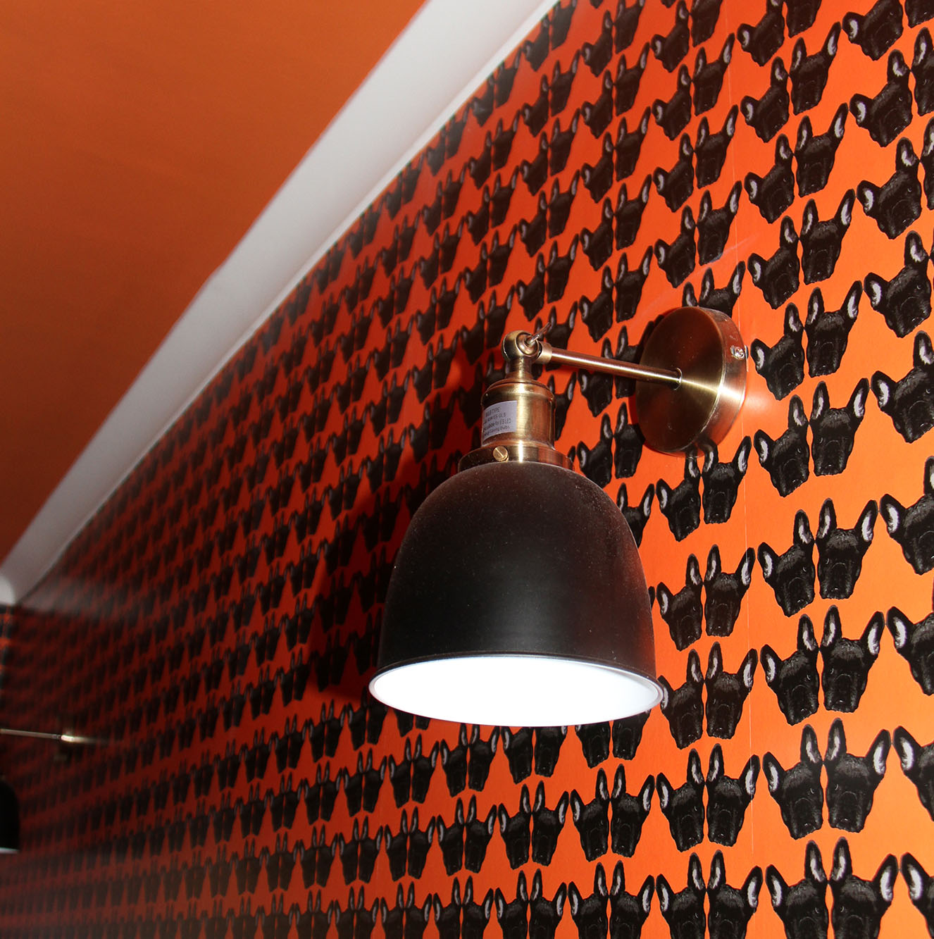 Maude Petite Wallpaper in Orange, showing white cornice and wall light