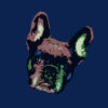 Pop Art Style image of a French Bulldogs face tilted right on blueberry hill background