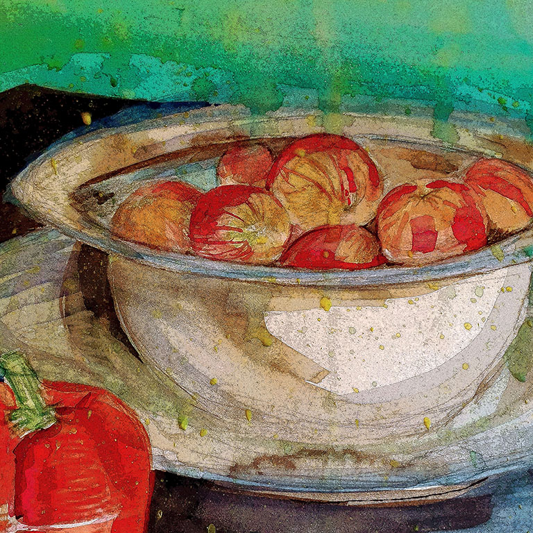acrylic painting of a bowl of apples